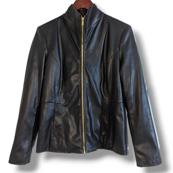 Cole Haan | Black Vegan Leather Gold Zipper Timeless Jacket Women's Size M - Picture 3 of 6